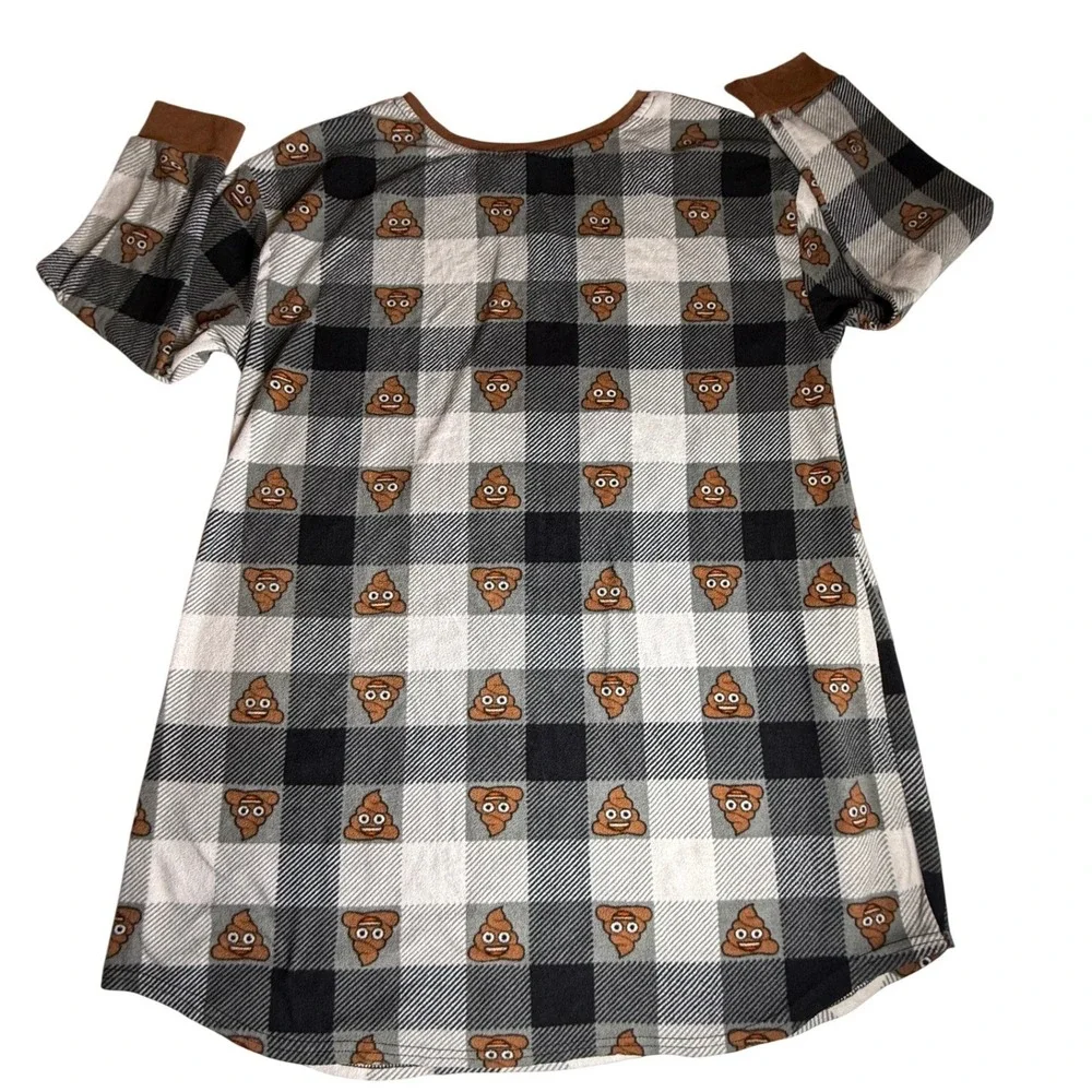 Emoji Brand Plaid Poop Embellished Sleep Shirt Nightgown Long Sleeve Women's-961